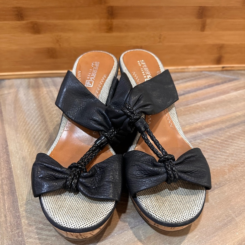 Sperry black leather wedge sandals with cork platform. Women’s 7.5